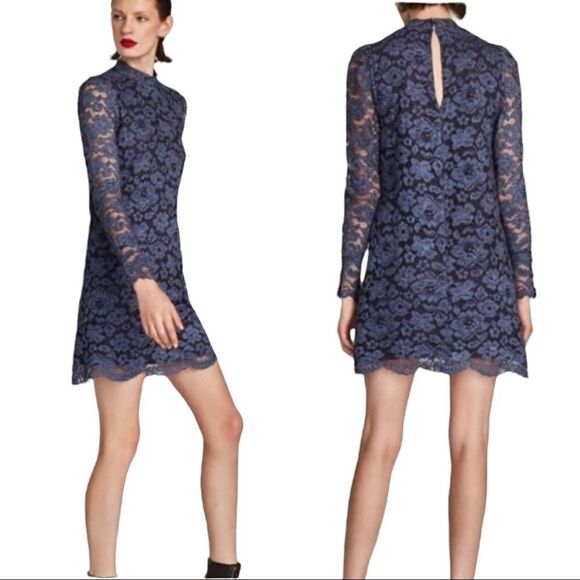 Zara Blue Lace Mini Dress with Mock Neck & Scallop Hem – Size M - Picture 15 of 15
